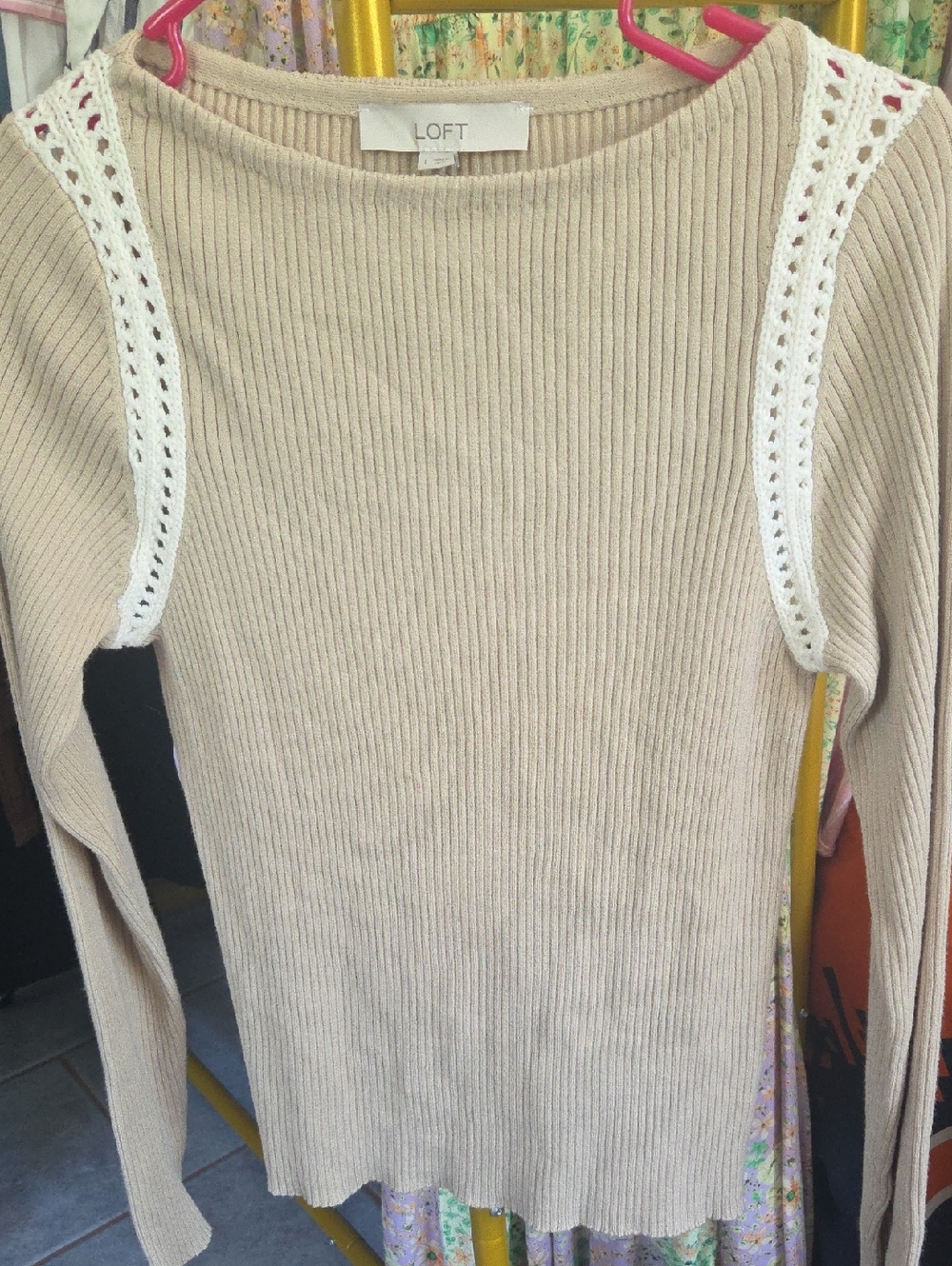 LOFT Cream Ribbed Sweater with Crochet Shoulder Detail